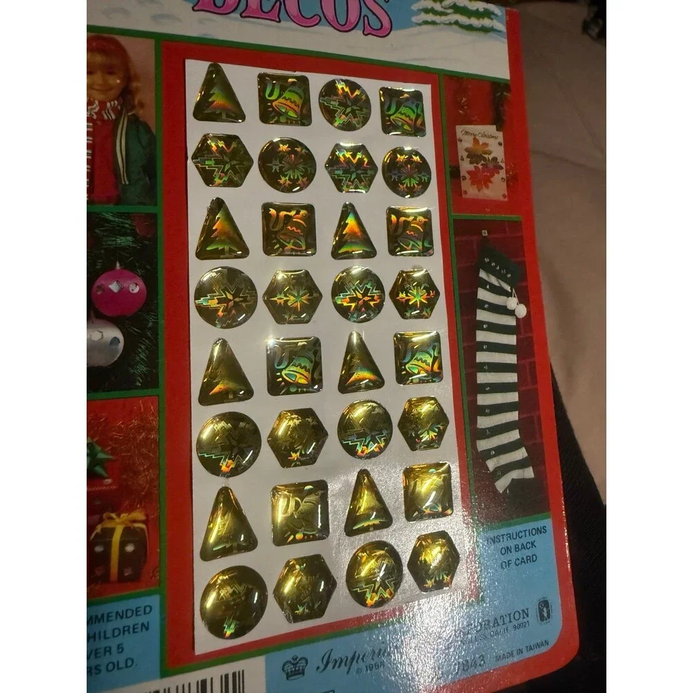 Vintage 1980s Christmas Holographic Stick-On Decos Sticker Sheet Taiwan NOS RARE
